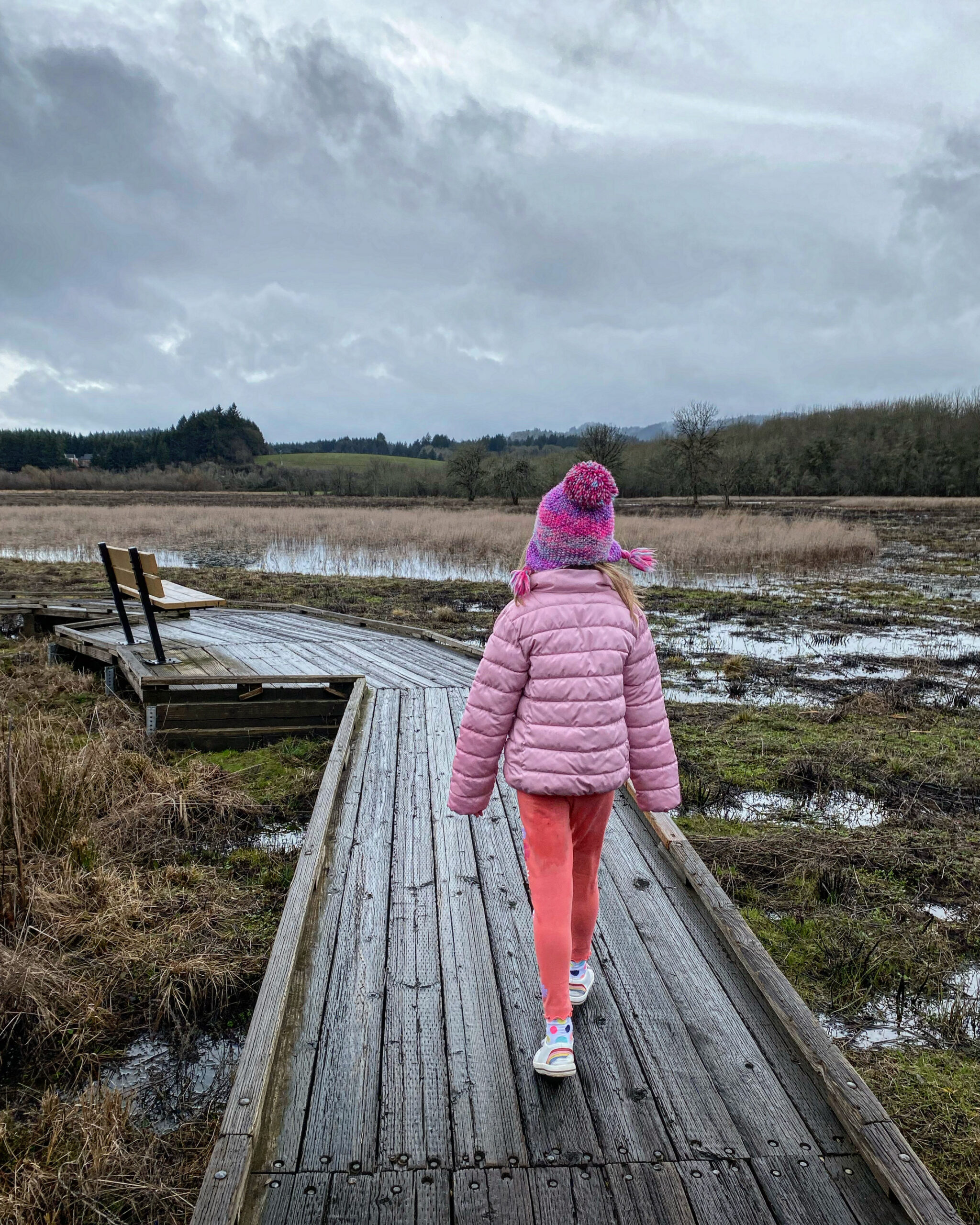 A six year old girl walks with her back to us down a wood planked path over the wetlands.