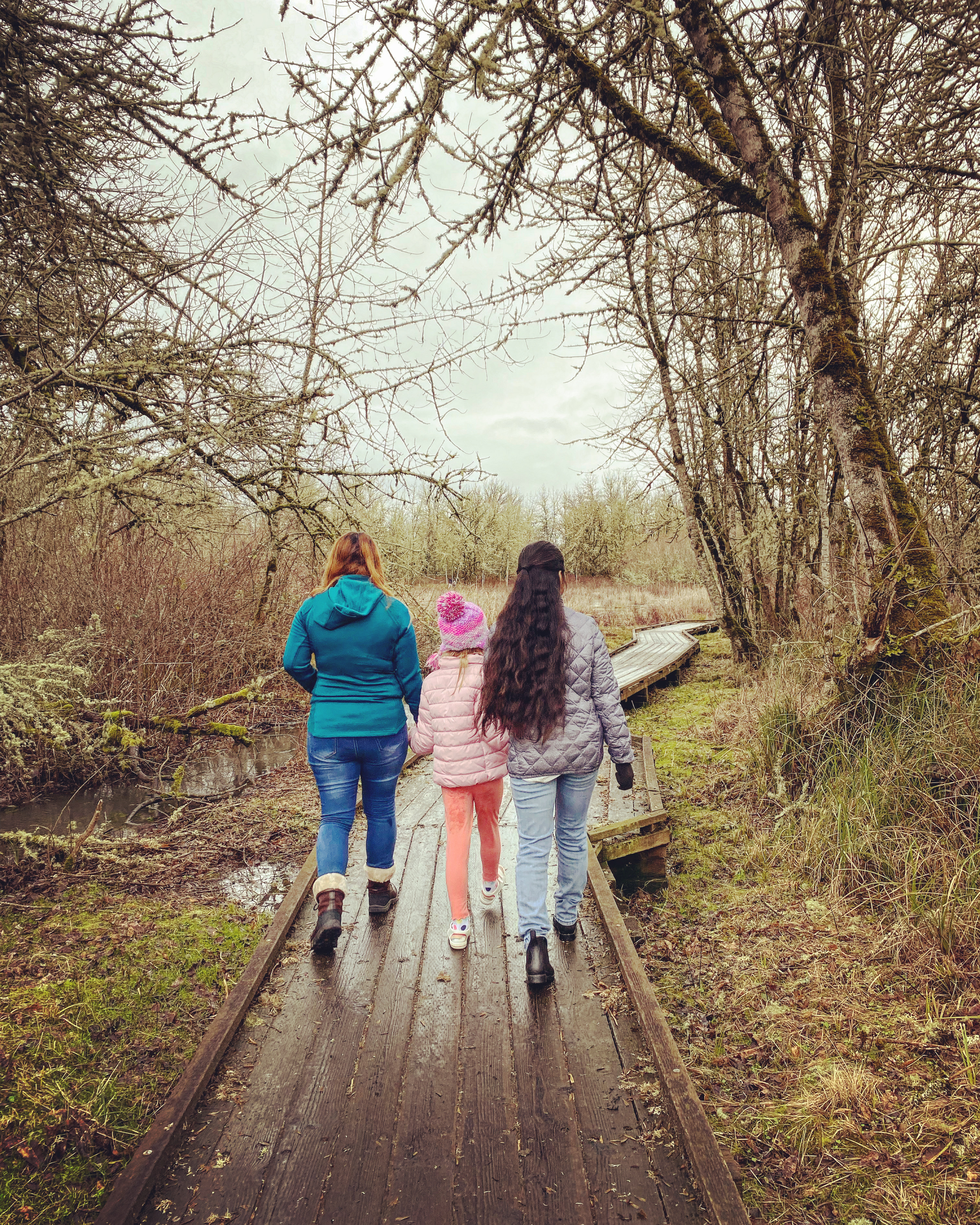 Two young adult women with six year old girl in middle hold hands walking down a wood planked path in the middle of the wetlands.