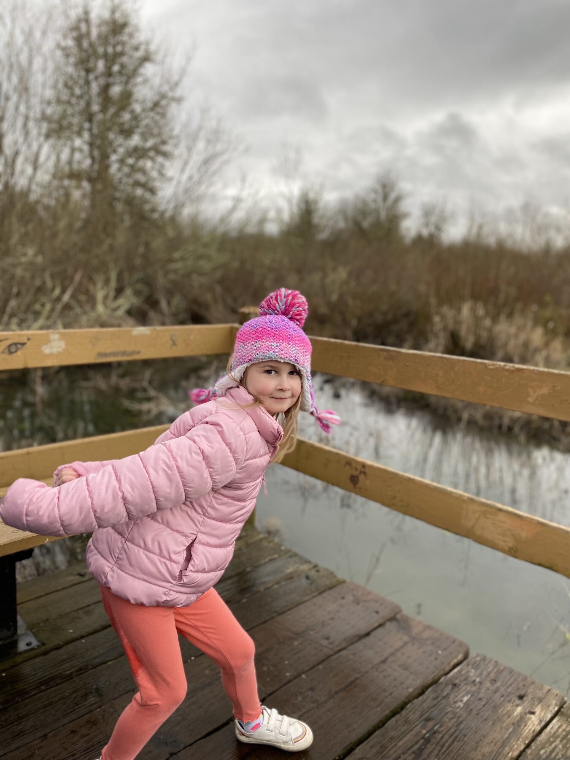 A six year old blonde girl poses on a dock overlooking a marsh in a wetland on a stormy day.
