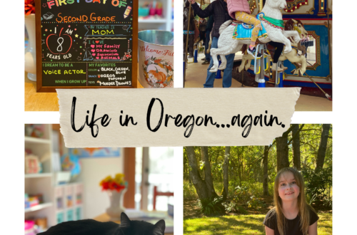 Photo collage labed "Life in Oregon again." First photo: Emilia's First Day of Second Grade chalkboard sign. Second photo: Emilia waving from atop a carousel horse at Oregon Zoo. Third photo: Vanellope, a tuxedo cat, lies on top a multicolored crochet ripple blanket with cheerful, bright school table/craft space in blurry background. Fourth photo: Emilia smiles at camera while sitting and drawing with Crayons, color pencils, and schoolbooks scattered around her on red and white checkered picnic blanket in a forested backyard.
